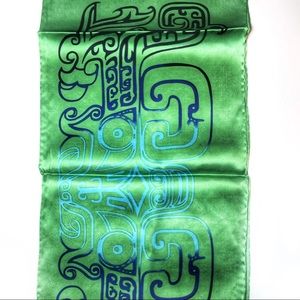 Satin Silk Taotie Mask Scarf, 66” rect green